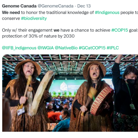 Tweet from @GenomeCanada: We need to honor the traditional knowledge of #Indigenous people to help conserve #biodiversity Only w/ their engagement we have a chance to achieve #COP15 goal: protection of 30% of nature by 2030 @IIFB_indigenous @IWGIA @NativeBio #GCatCOP15 #IPLC